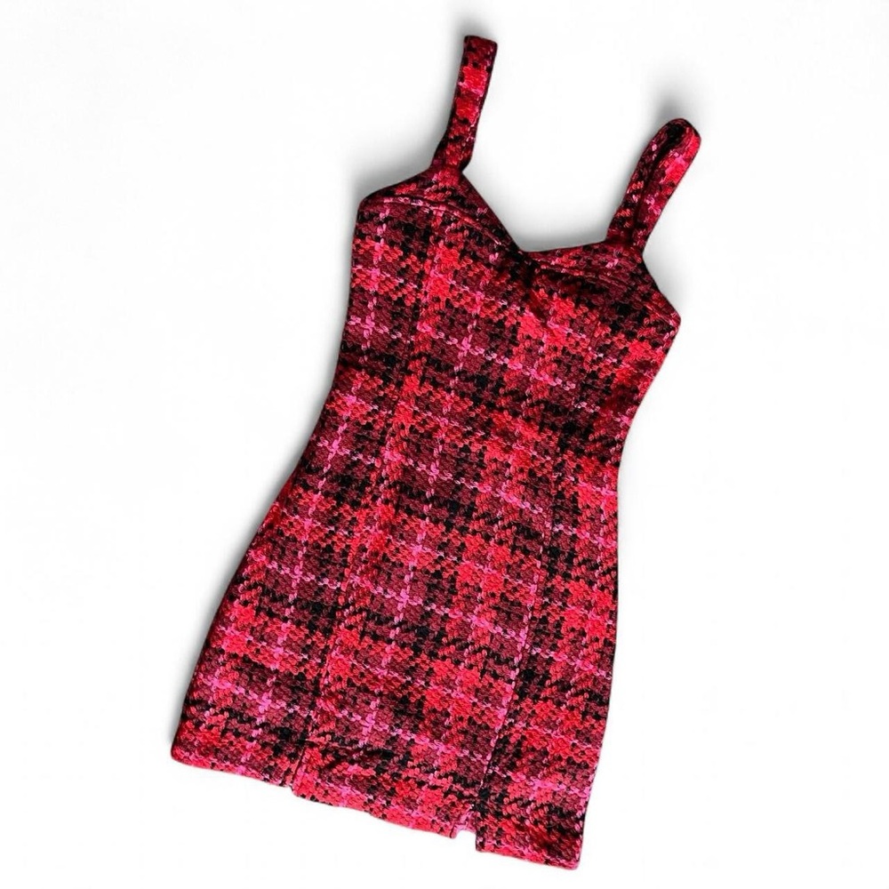 BERSHKA • red pink black tweed bustier mini dress xxs xs